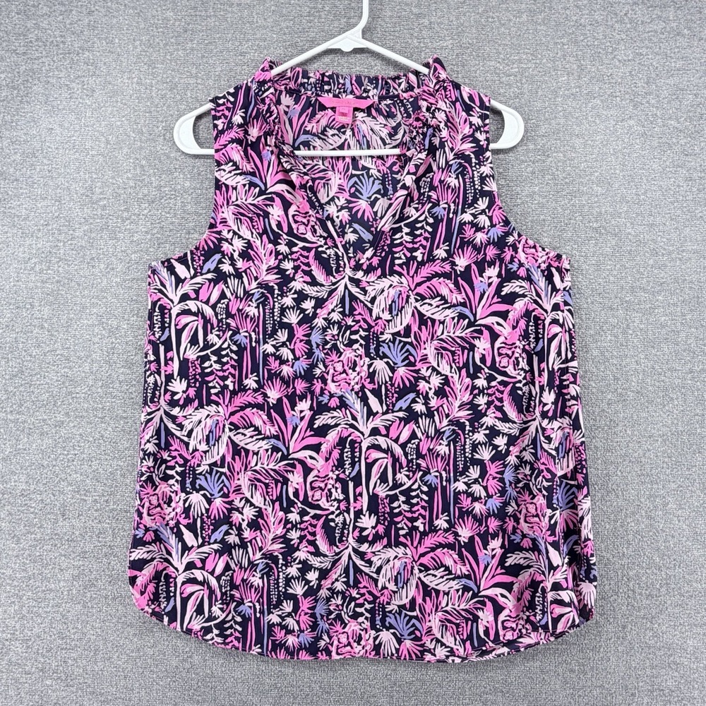 Lilly Pulitzer Blouse Top Women Size Medium Sleeveless Ruffle Neck Palm Pink